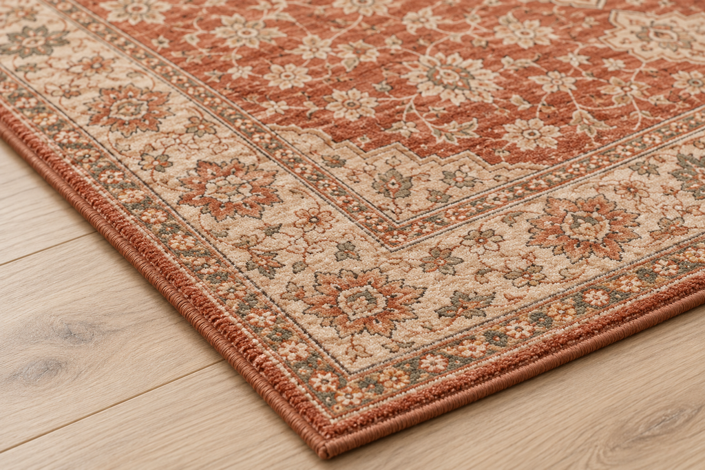 Lumitelle Amelie Terracotta Vintage Medallion Area Rug — rug texture and edge detail visualization