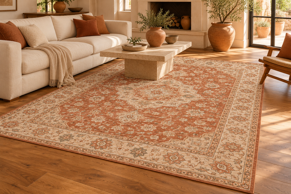 Lumitelle Amelie Terracotta Vintage Medallion Area Rug — styled room visualization