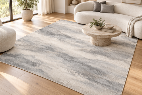 Lumitelle Aurielle Mist Modern Abstract Area Rug — styled room visualization