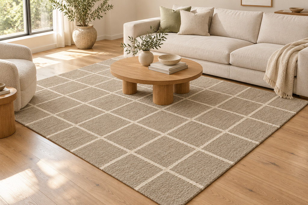 Lumitelle Camille Grid Wool Geometric Area Rug — styled room visualization