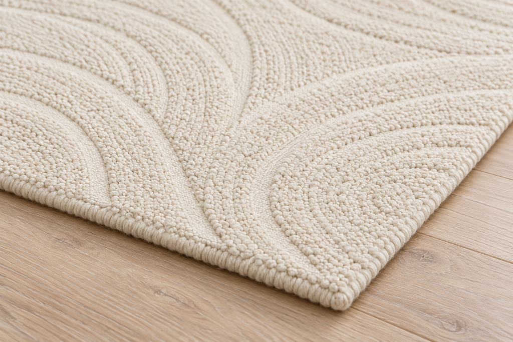 Lumitelle Celine Cream Wool Textured Area Rug — rug texture and edge detail visualization