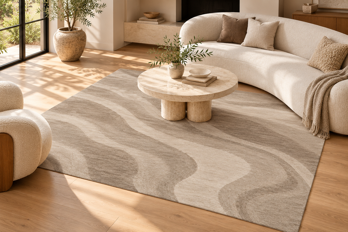 Lumitelle Elara Taupe Wool Textured Area Rug — styled room visualization