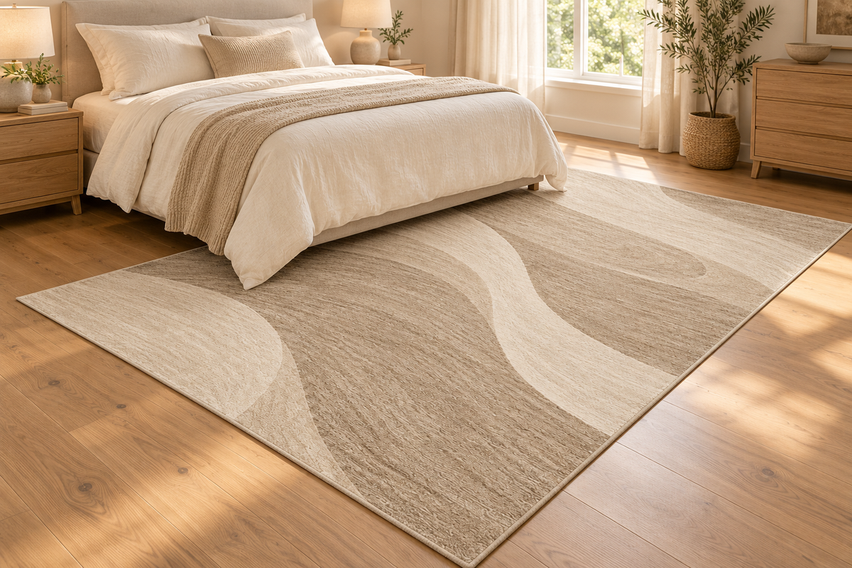 Lumitelle Emmeline Dune Modern Abstract Area Rug — styled room visualization
