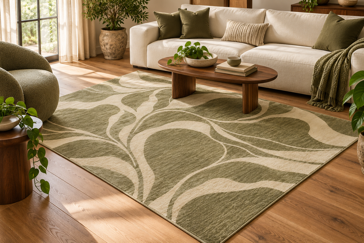 Lumitelle Florielle Olive Modern Abstract Area Rug — styled room visualization