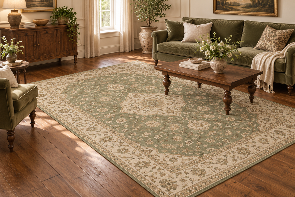 Lumitelle Isolde Sage Vintage Medallion Area Rug — styled room visualization