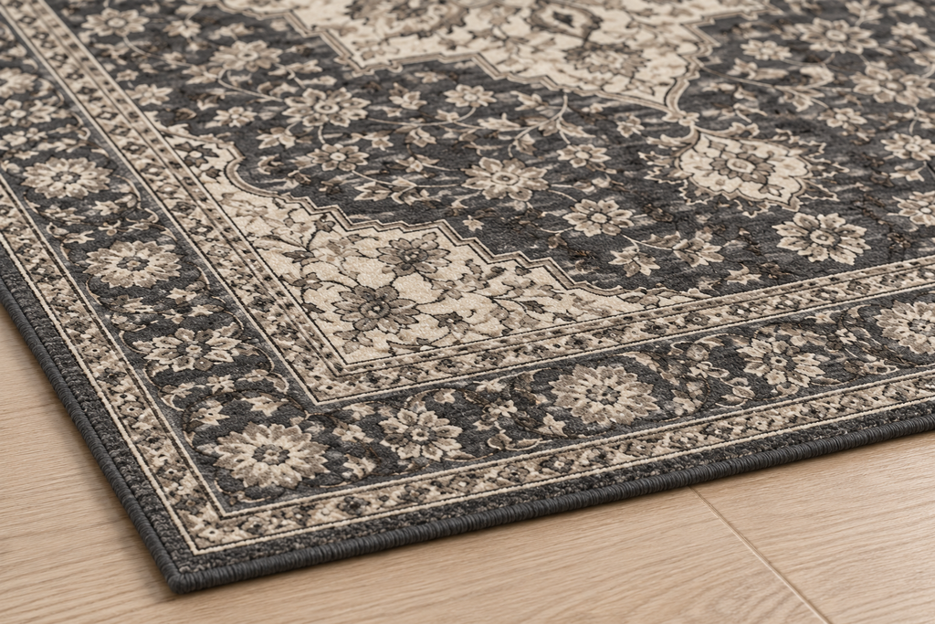 Lumitelle Noelle Charcoal Vintage Medallion Area Rug — rug texture and edge detail visualization