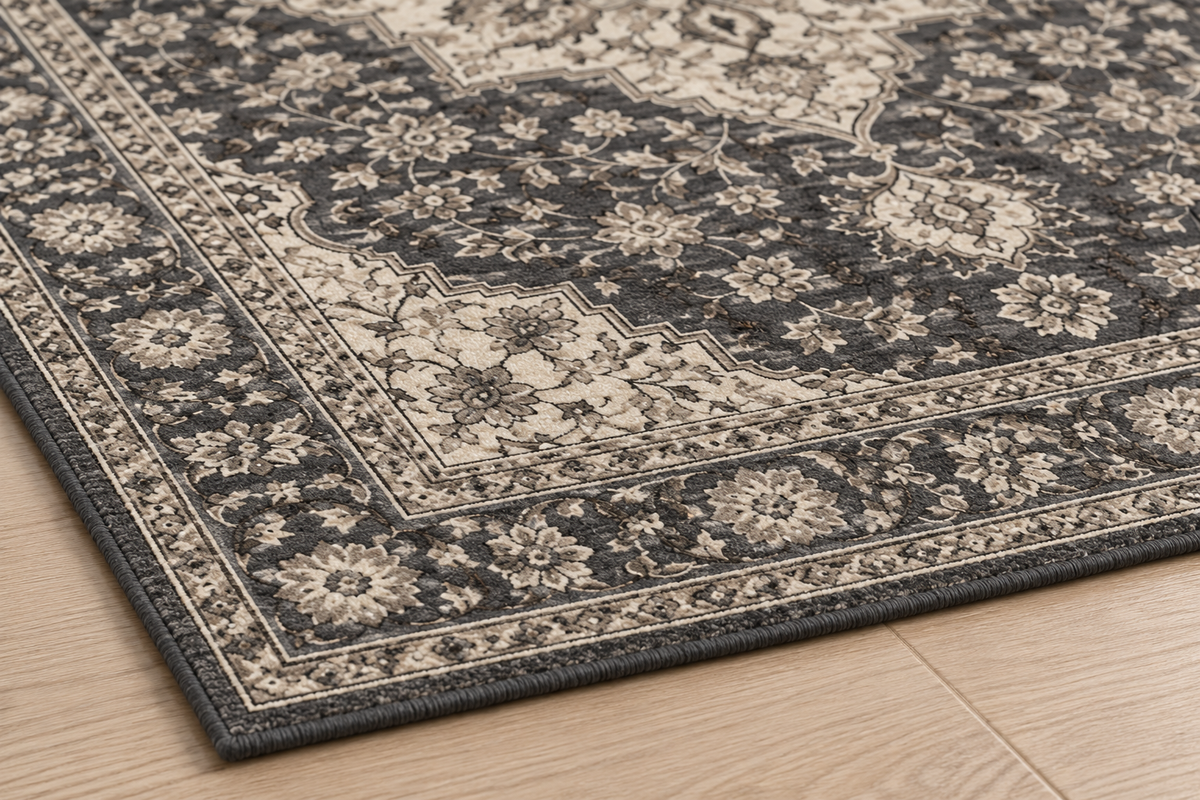 Lumitelle Noelle Charcoal Vintage Medallion Area Rug — rug texture and edge detail visualization