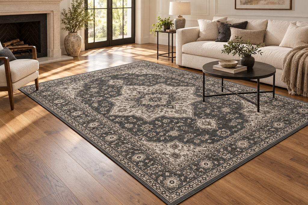 Lumitelle Noelle Charcoal Vintage Medallion Area Rug — styled room visualization