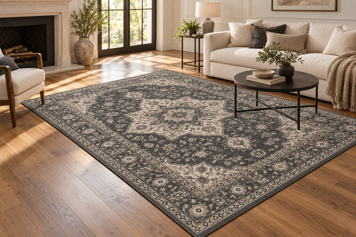 Lumitelle Noelle Charcoal Vintage Medallion Area Rug — styled room visualization