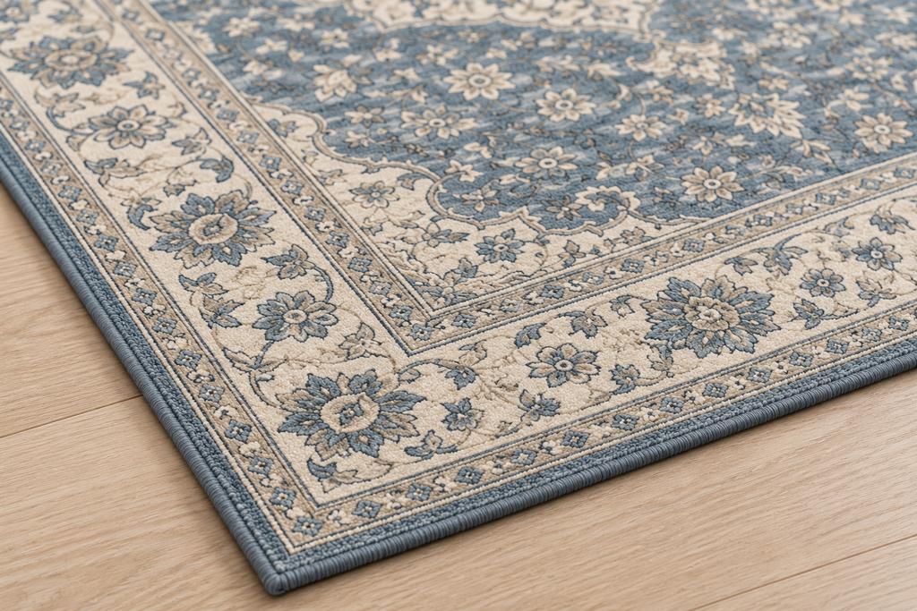 Lumitelle Odette Blue Vintage Medallion Area Rug — rug texture and edge detail visualization