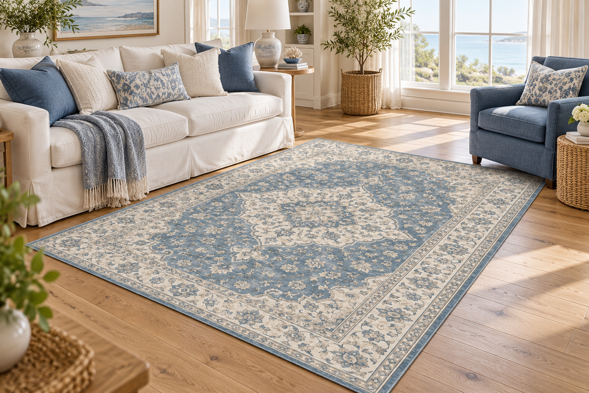 Lumitelle Odette Blue Vintage Medallion Area Rug — styled room visualization