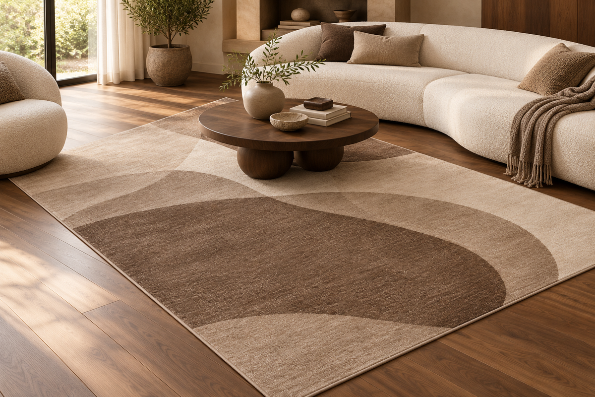 Lumitelle Renelle Mocha Modern Abstract Area Rug — styled room visualization