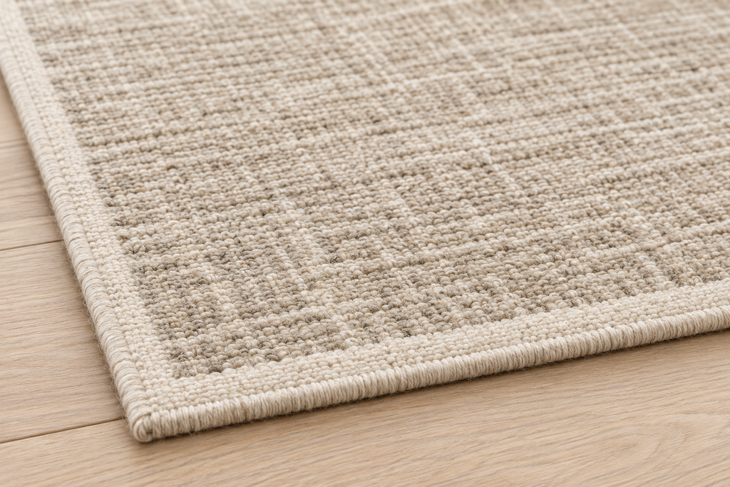 Lumitelle Solenne Oatmeal Wool Textured Area Rug — rug texture and edge detail visualization