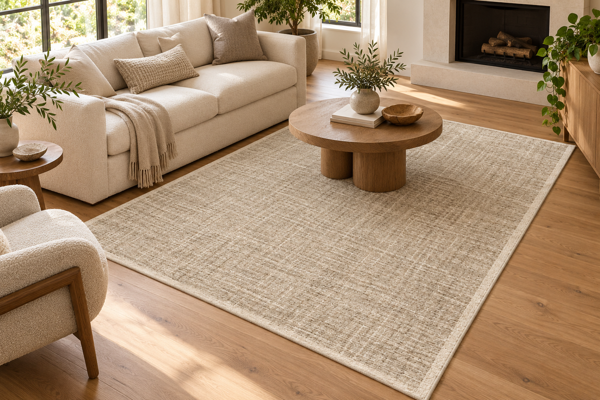 Lumitelle Solenne Oatmeal Wool Textured Area Rug — styled room visualization