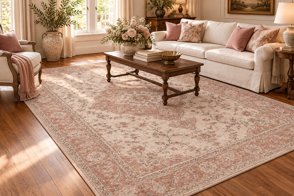 Lumitelle Vivienne Rose Vintage Medallion Area Rug — styled room visualization