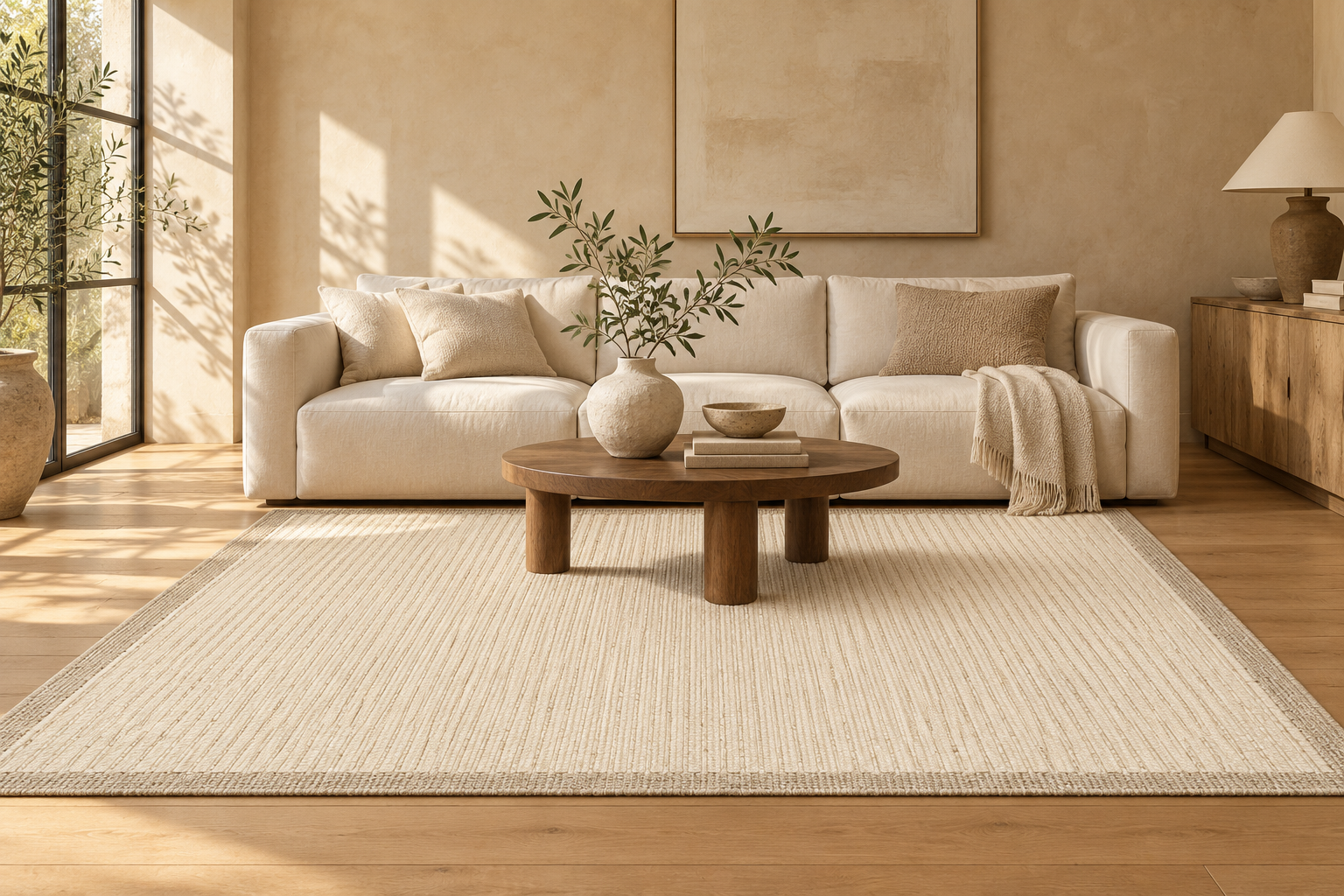 Aveline Ivory rug shown in a warm neutral living room — digital design render